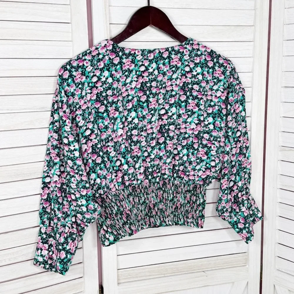 Zara Floral V-Neck Smocked Waist Crop Top Blouse Pink Green Medium‎